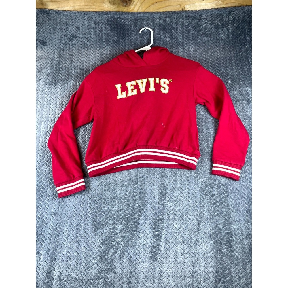 Levi's High Rise Pullover Hoodie Girls Large Red Cotton Fleece Lined Logo Ribbed